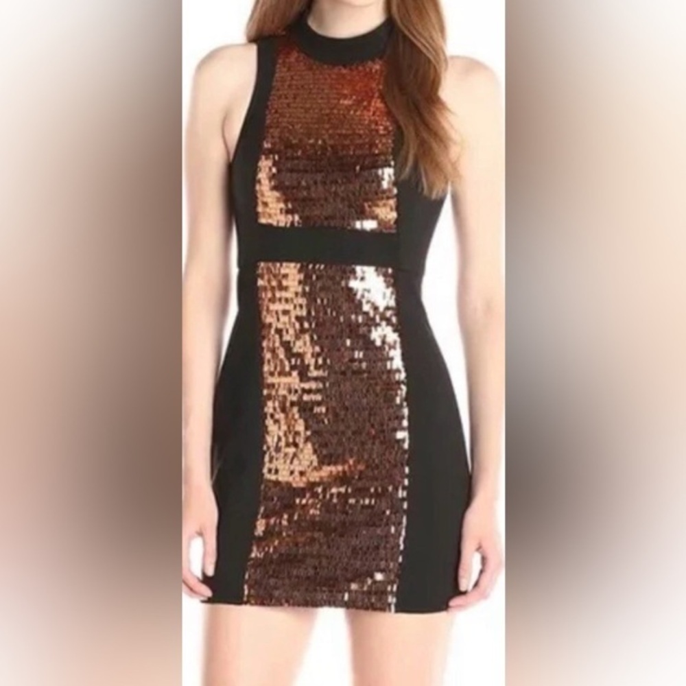 BCBGeneration Black and Gold Sequin Sheath Mini Dress